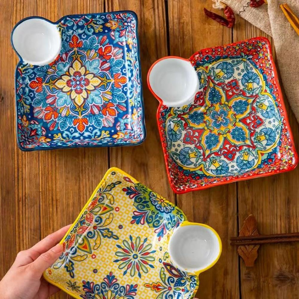 Bohemian Dumpling Plate with Vinegar Dish, Household Ceramic Plate, Segmented Breakfast Plate, High-end Dumpling-specific Plate