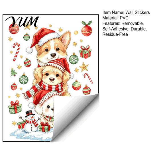 Christmas Decorations for Home Wall Decals, Watercolor Stacked Dogs Stickers, Self?Adhesive PVC Xmas Theme Art Kids Puppy Stickers Bedroom