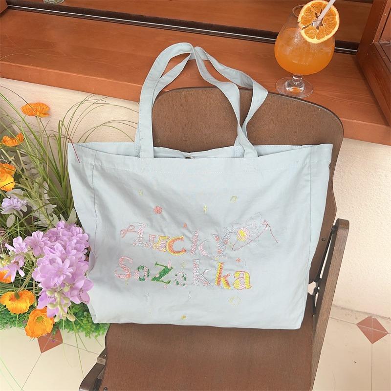 Summer canvas embroidery casual lazy style literary hand carry shoulder bag shopping bag canvas schoolbag