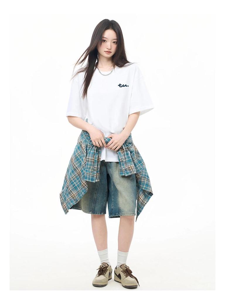 Japanese Minimalist Women's TU Print Cotton T-Shirt - Loose Short Sleeve, Round Neck, Trendy and Versatile Summer Top