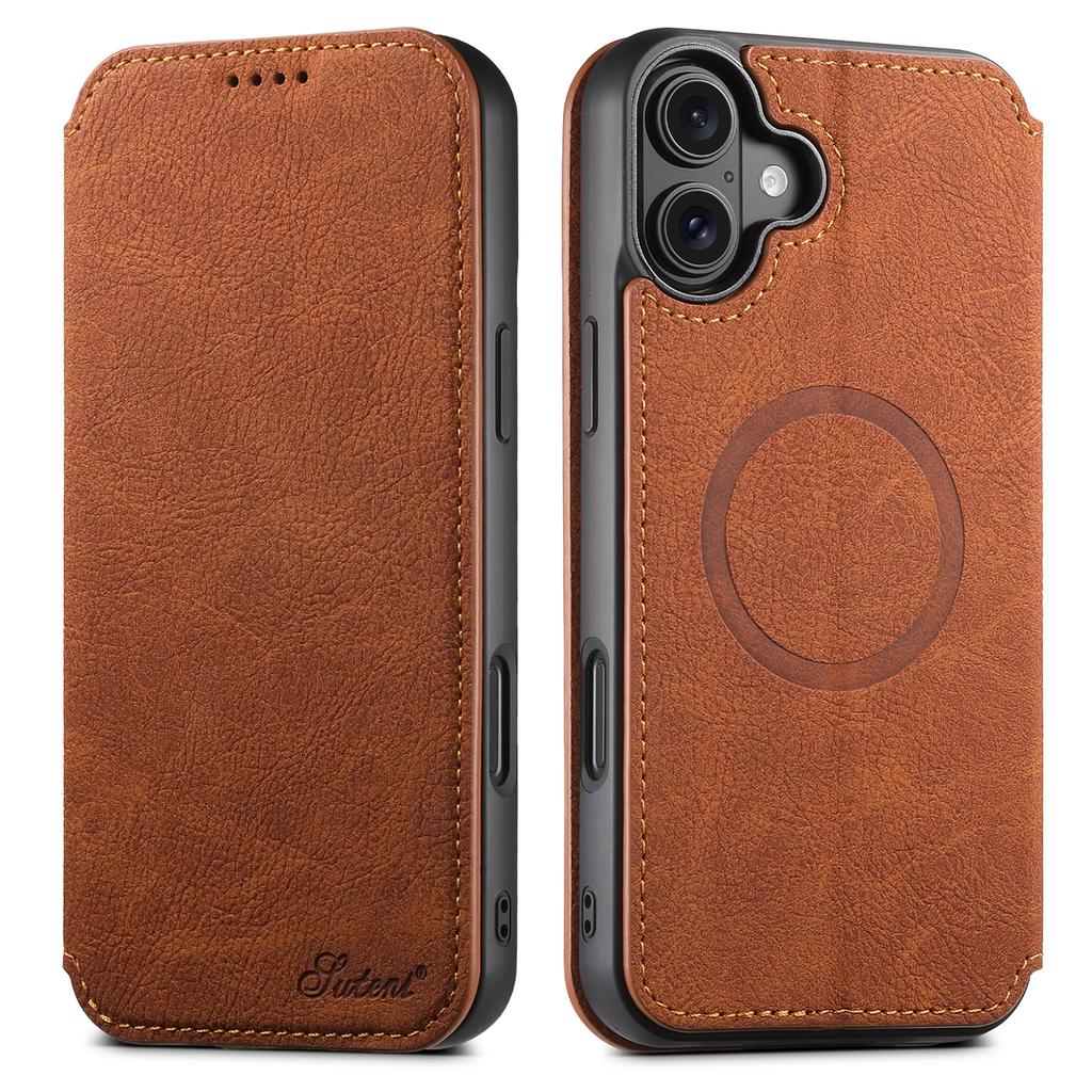 SUTENI J06 For iPhone 16 Plus Case Litchi Texture Leather Wallet Phone Shell Compatible with MagSafe