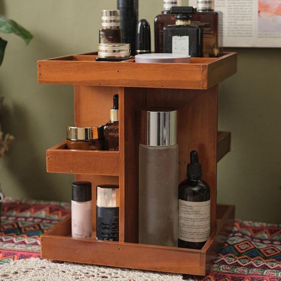 Storage Rack Cosmetic Organizer Large Capacity Multi-Layer Design 360-Degree Rotatable Wood Perfume Shelf Display Holder