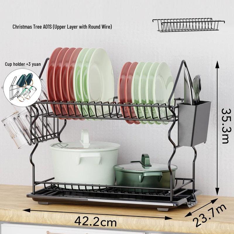 Double-Layer Kitchen Dish Rack with Large Capacity Drip Tray