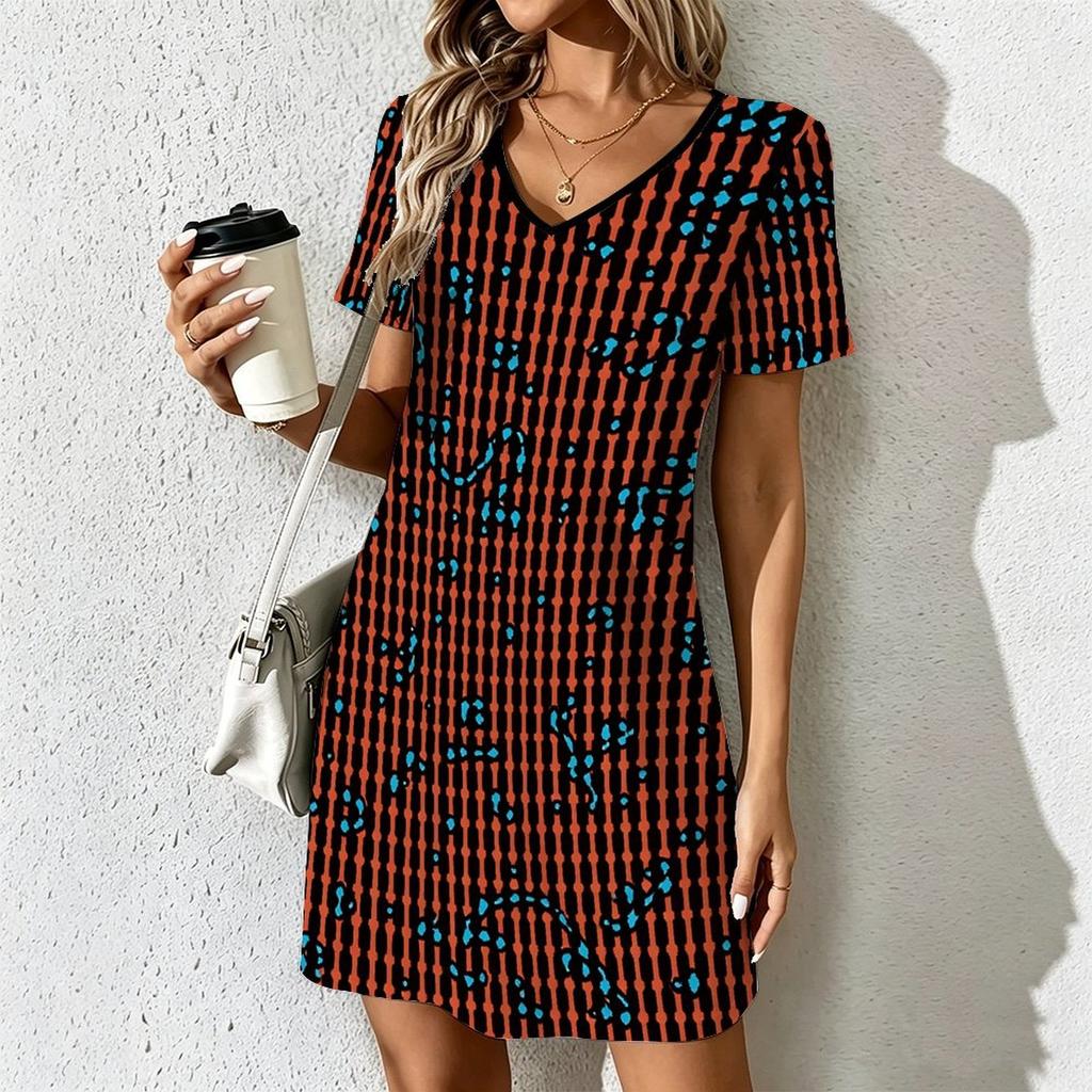 Summer Fashion Women's V Neck Short Sleeve Retro Geometric Pattern Printed Dress Sex Short Skirt Dresses