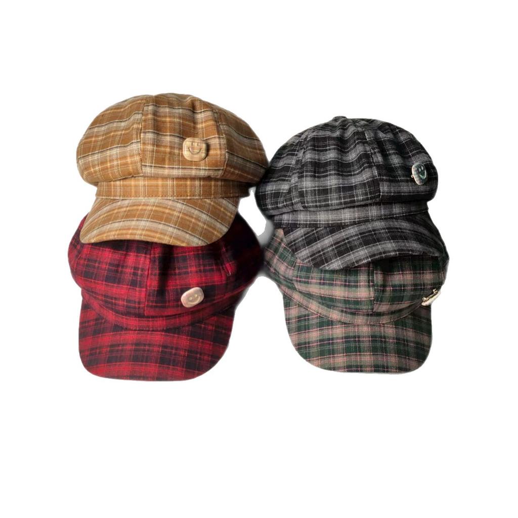 Retro plaid octagonal hat women's autumn and winter warm new versatile fashion painter hat show face little beret