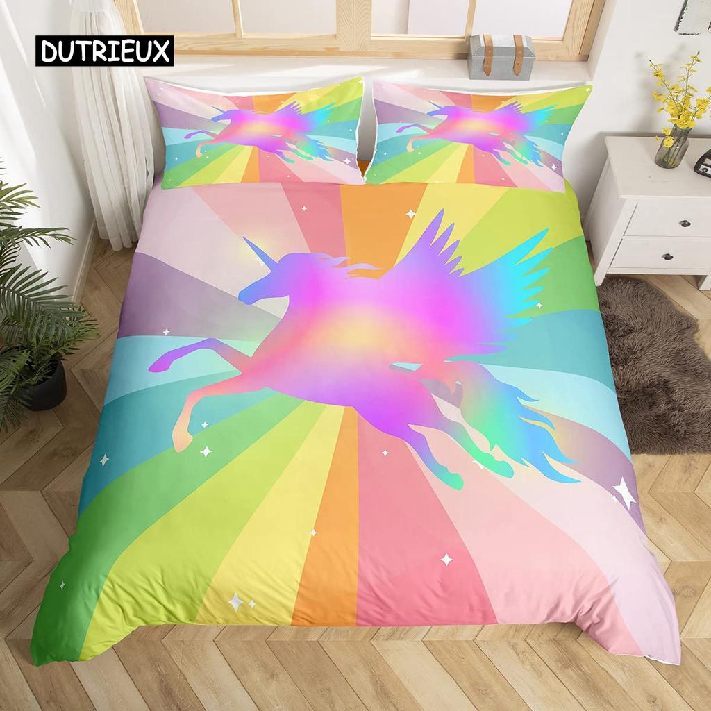 Unicorn Duvet Cover Set Cartoon Animal Galaxy Star Floral Bedding Set for Kids Girls Polyester Romantic Theme Comforter Cover