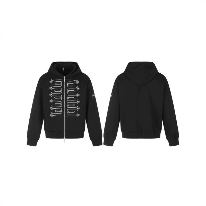 Mens Vintage Military Style Hooded Zip-Up Sweatshirt With Embroidered Knot Detail Metal Rivet Cross Zip