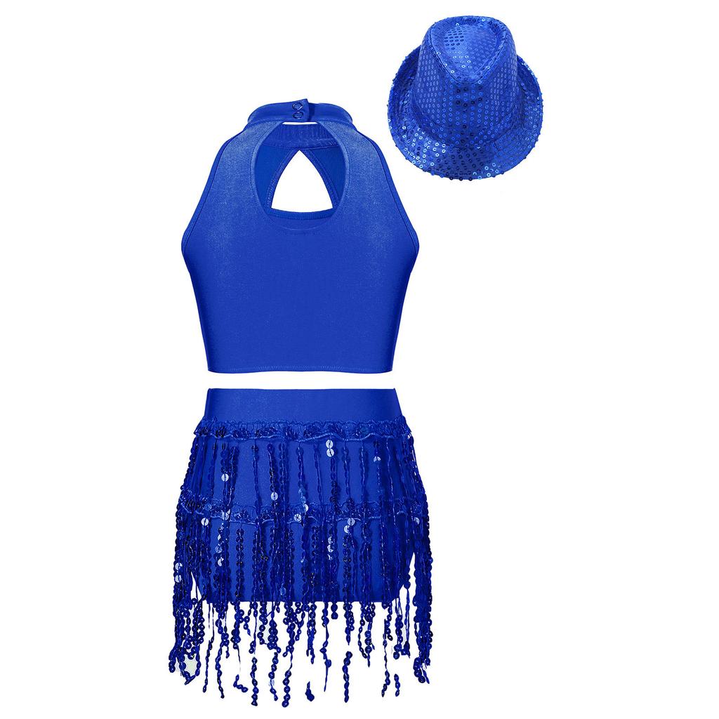 Girls Sleeveless Mock Neck Hollow Front Keyhole Back Sequin Patchwork Crop Top Sequins Tassel Briefs Hat