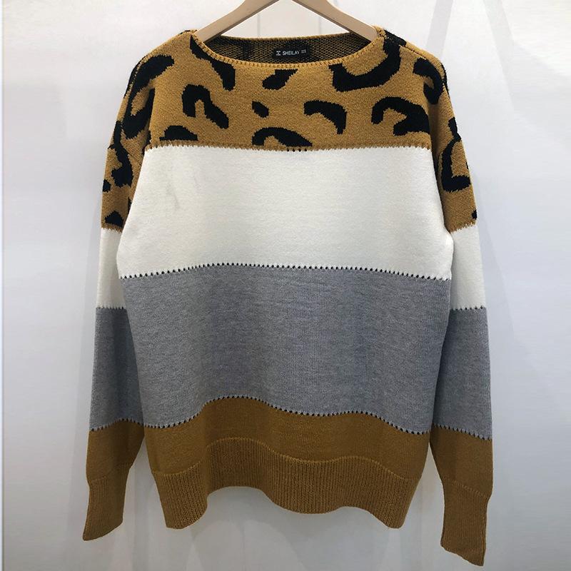 Striped Leopard Print Round Neck Pullover Sweaters Women Fashion Loose Vintage Knitted Sweater Woman Autumn Long Sleeve Casual Winter Clothing 25142