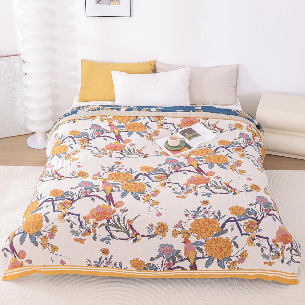 Floral Birds Cotton Towel Blanket, Bedspread For Bed, Sofa, Picnic, Travel, Yarn Dyed Jacquard, Mechanical Wash, 17 Styles