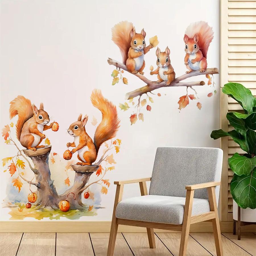 Warm Cute Cartoon Squirrel Family Wall Stickers, Self-Adhesive Decor for Kids Room Bedroom Kindergarten Decoration