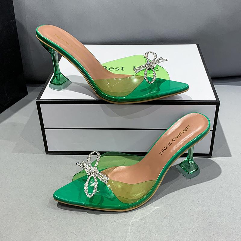 European Style Crystal Bow Tie Strap High Heels For Women With Pvc Upper And Rubber Sole