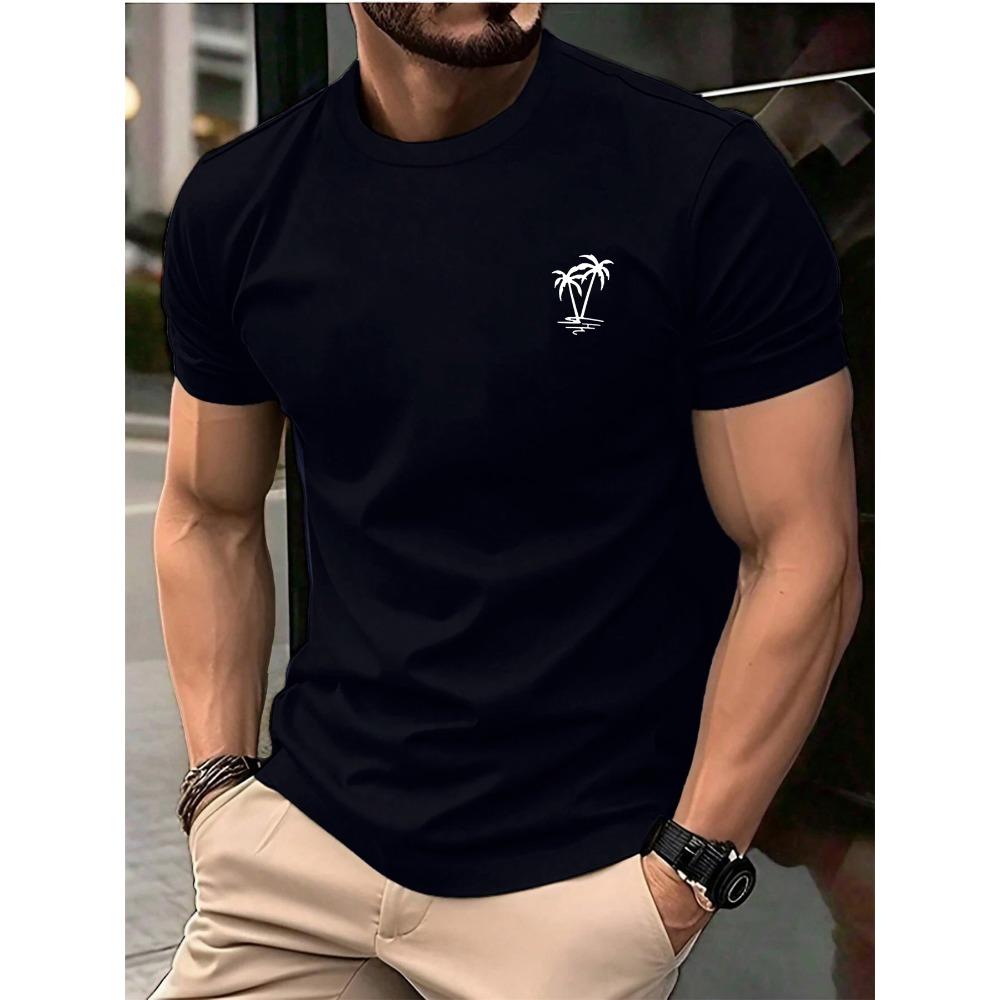 Men's Summer Fashion Casual Loose Sports Fashion Coconut Tree Print Round Neck Short Sleeved T-shirt Top