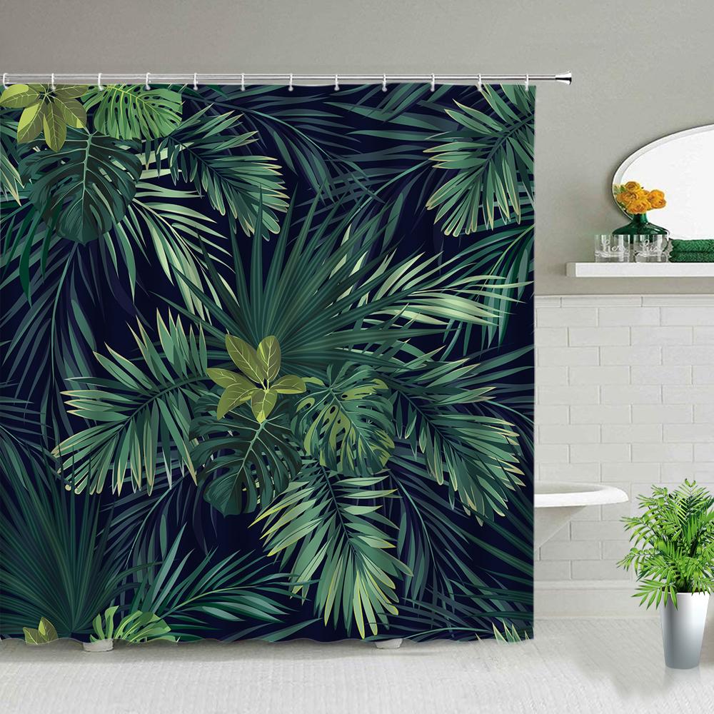 Tropical Palm Leaves Shower Curtain Set Green Plant Leaves Leaf Pumpkin Red Truck Halloween Christmas Decor Bathroom Curtains