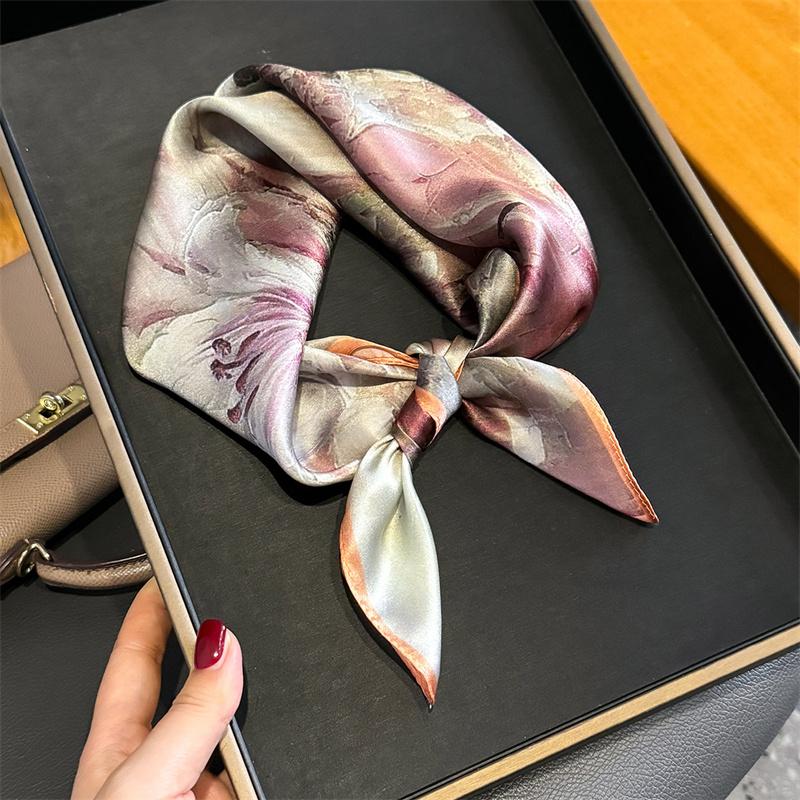 

100% Silk Scarf Flower Printed Square Scarves for Women Wrap Kerchief Mulberry Silk Bandana Fashion Luxury Headband Hijab 53x53cm
