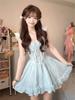 French cute girlish super fairy blue lace square neck suspender dress women's new puffy skirt