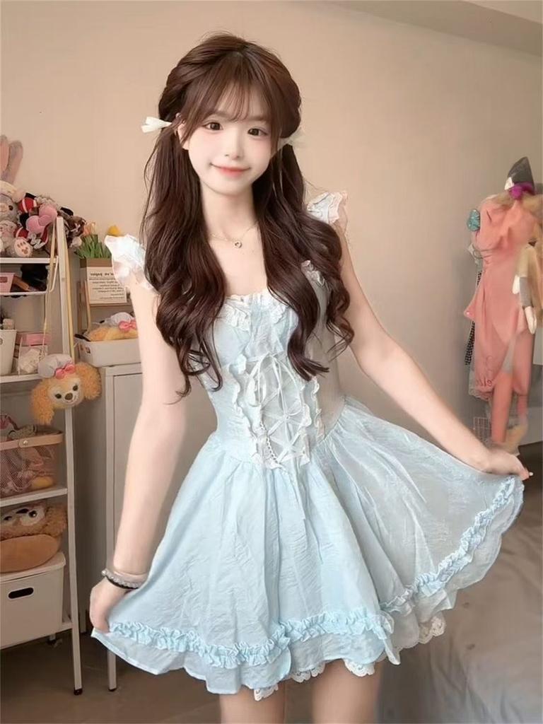 French cute girlish super fairy blue lace square neck suspender dress women's new puffy skirt