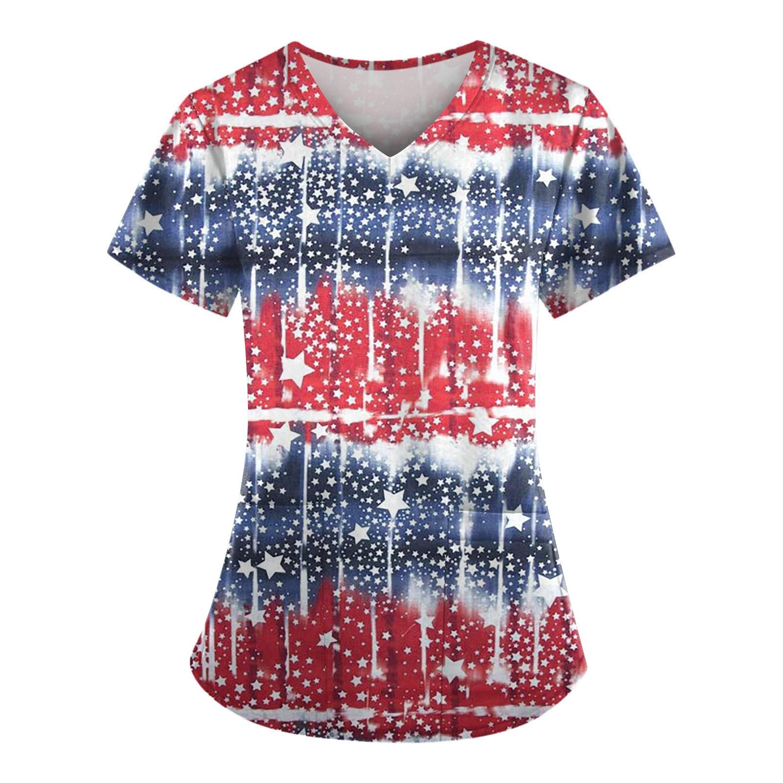 

Flag Printed Pocket Work Wear for Dentist Nurse Scrubs Uniform Medical Uniforms Women Short Sleeve V-Neck Scrub Work Top S