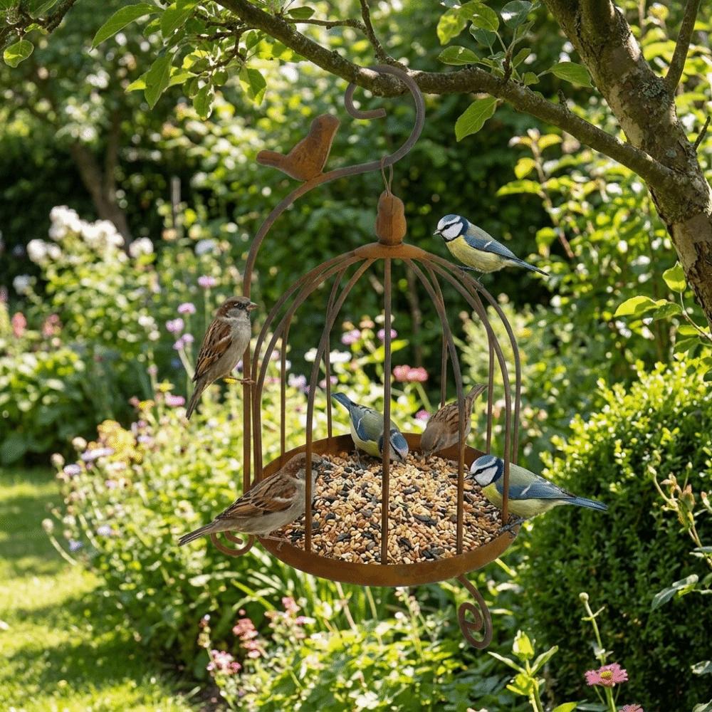 Large Capacity Bird Feeding Station Bird Cage Shape Bird Food Container Bird Rest Station Garden