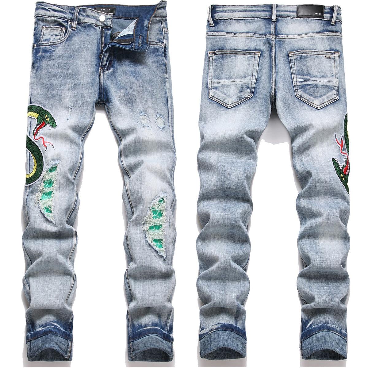 

Трансграничные джинсы скинни для молодых мужчин с перфорированными вставками и вышивкой 31 светло-синий