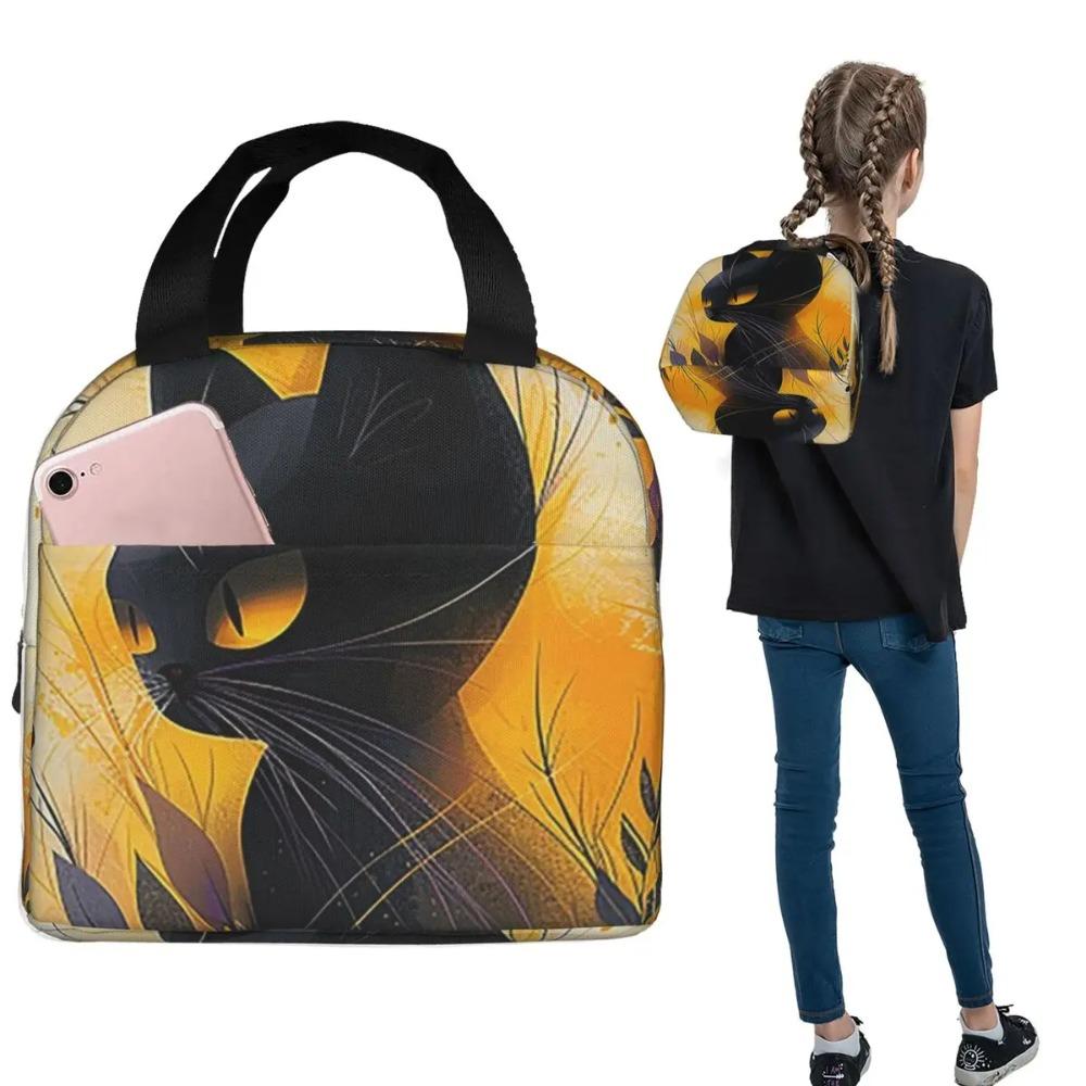 Black Cat With Flowers On Yellow Background Insulated Lunch Bag for Women Kids Portable Food Boxes Thermal Lunch Box Tote