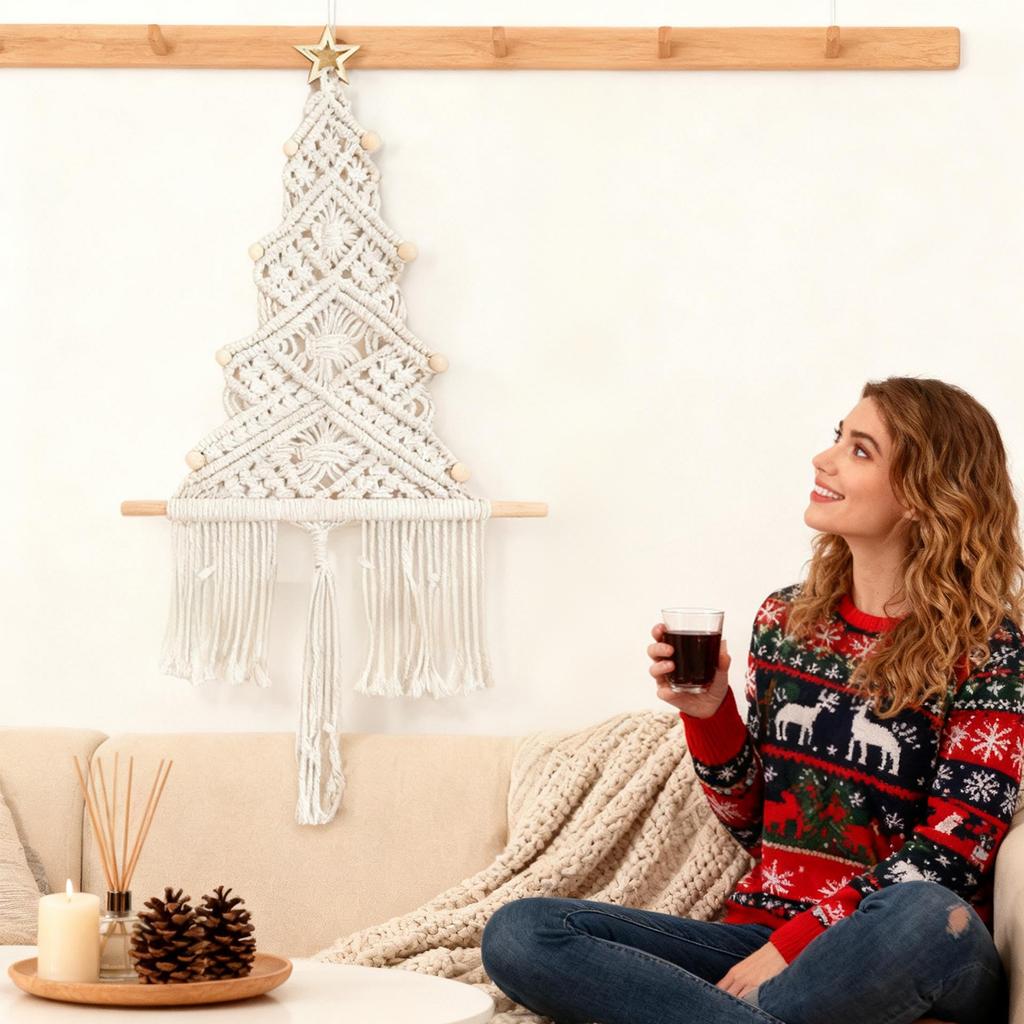 Großer Makramee Weihnachtsbaum Makramee Weihnachts-Wanddekoration Hängende Ornamente Boho Wanddeko Für Partyzubehör