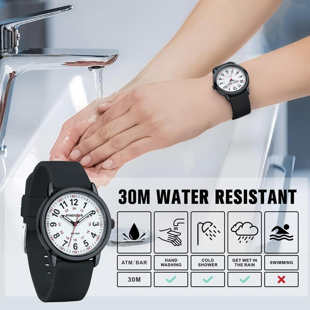 PINDOWS Unisex Analog Quartz Watch for 30m Water Military Time Luminous Dial for Easy Visibility Women's Watch, Students, Resistant, Display,