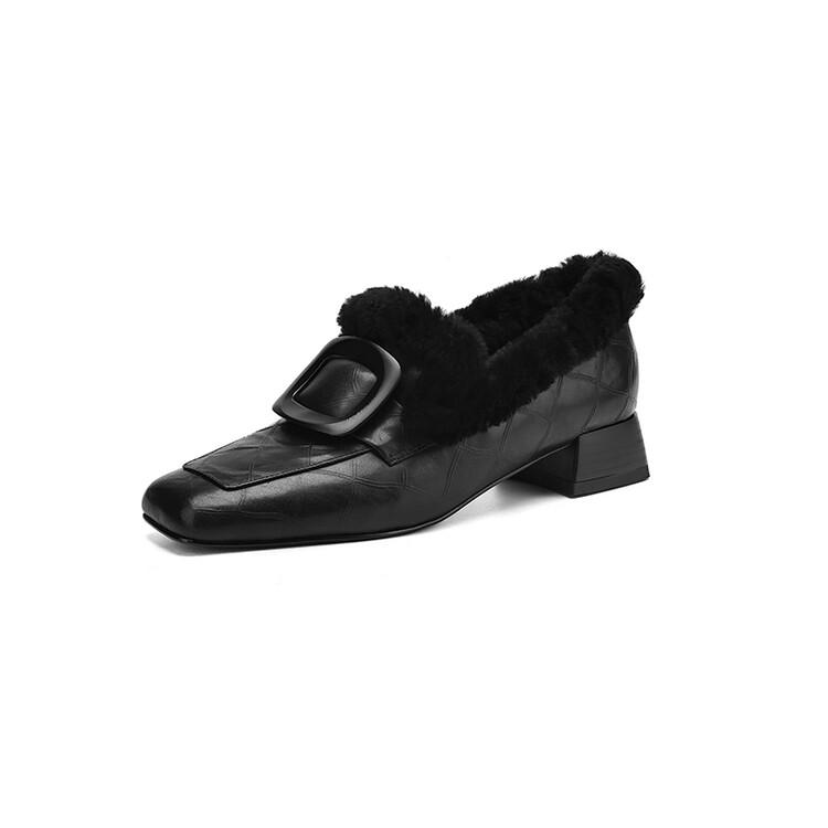 

Fashion New Winter Genuine Leather Women Loafers Shoes for Women Square Toe Woman Shoes Low Heels Wool Women Pumps Zaptos Mujer 39 чёрный