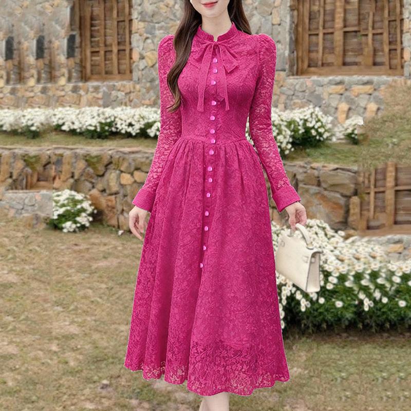 ZANZEA Women Elegant Lace Patchwork Casual Stand Collar Long Sleeve Dress