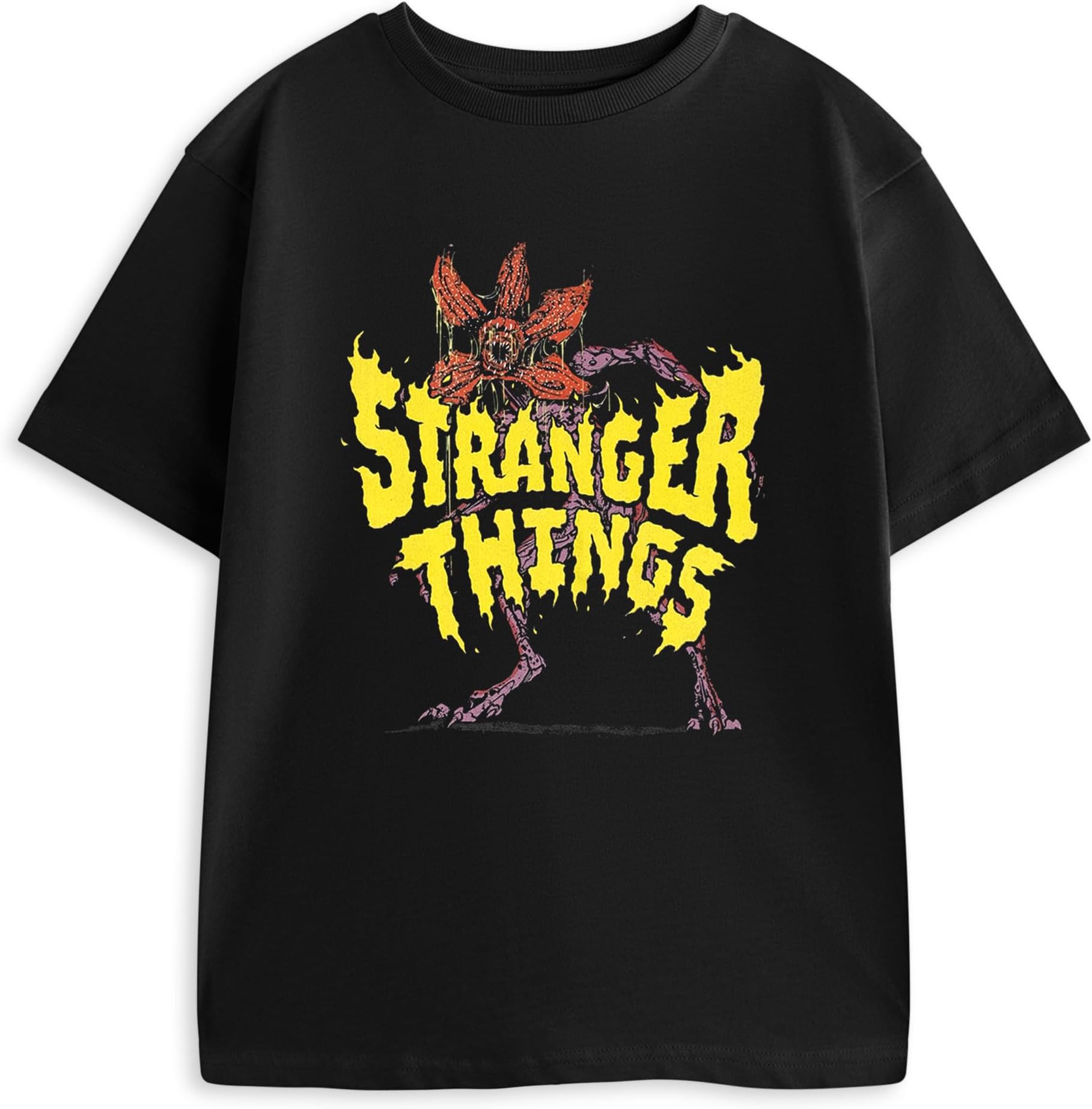 Stranger Things Demogorgon Black Short Sleeved T-Shirt | Unisex Kids Graphic Tee with Classic Crew Neck XL