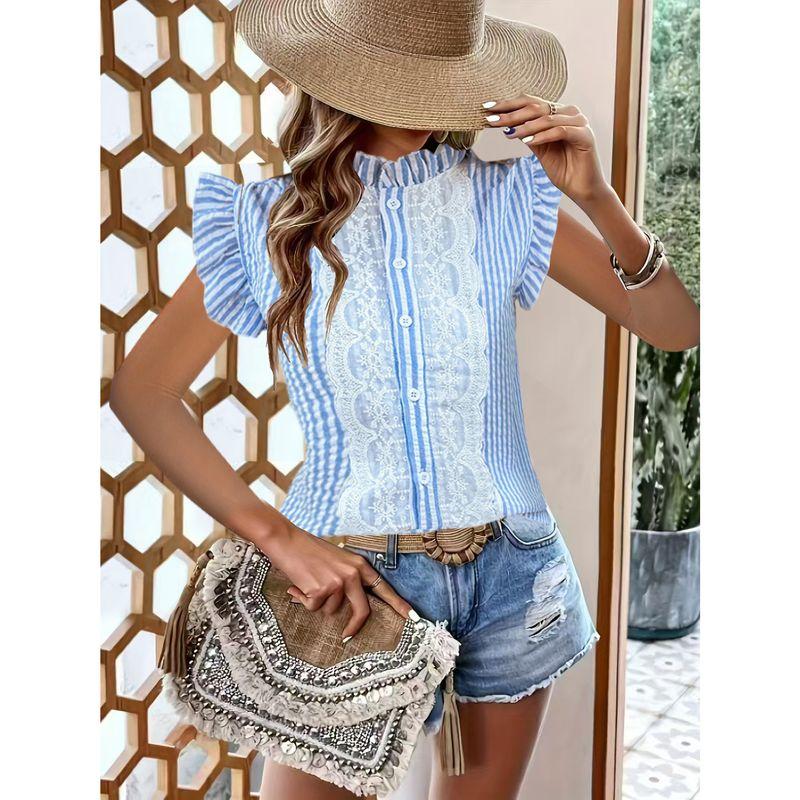 

Модный стиль Летняя женская одежда Рюши Рукава-крылышки Полоска Рубашка Женские топы с коротким рукавом Кружево Кружевная лоскутная рубашка Stripes S