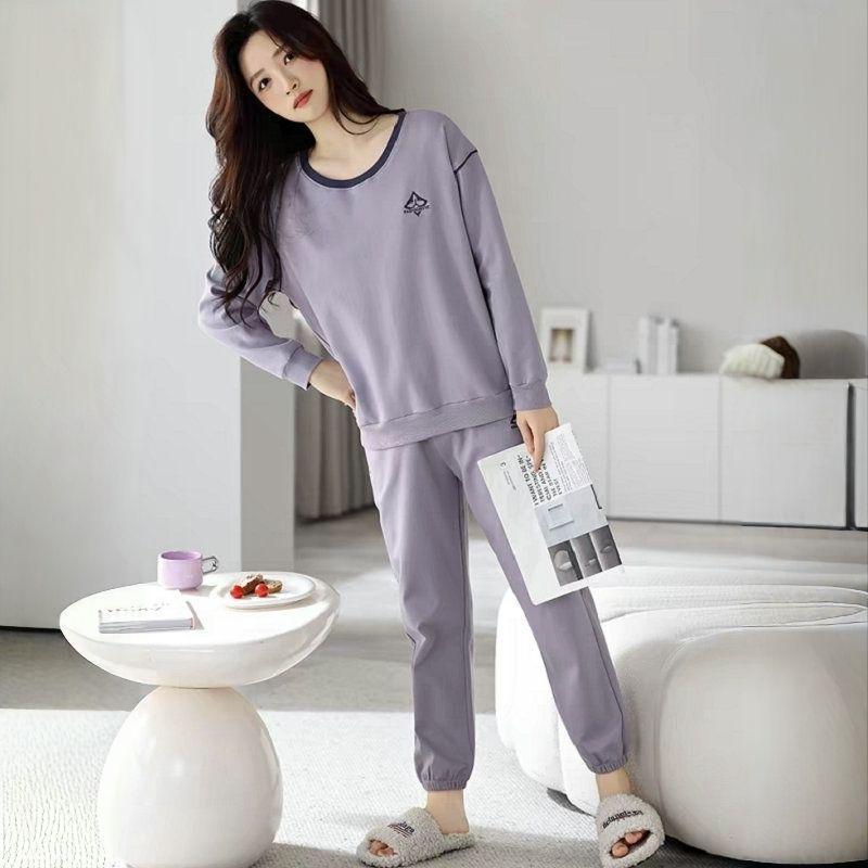 Dámské pyžamo z čisté bavlny - Jarní/podzimní jednobarevné, kulatý výstřih, dlouhý rukáv, volné, ležérní, pohodlný domácí oděv.