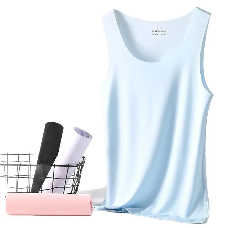 Damen Schwarzes Sommer Eis Seide Nahtloses Rundhals Tanktop Blickdicht