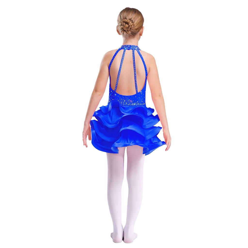Girls Sparkly Rhinestone Latin Dance Dress Sleeveless Backless Design with Flowy Tiered Skirt for Competition