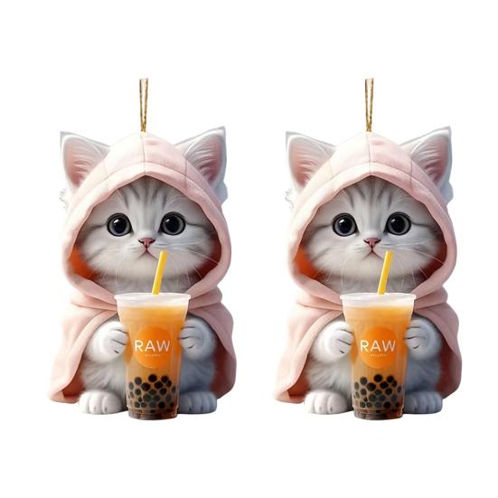 2Pcs Car Pendants Rearview Mirror Decorations with Lanyard Easy To Hang Adorable Cartoon Cat Shaped Pendants Hanging Ornaments