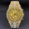 Luxus Volldiamant Goldton Chronograph Herren-Quarz-Uhr Bling Kristall Zifferblatt & Armband mit Datumsanzeige Hip Hop Streetwear Stil