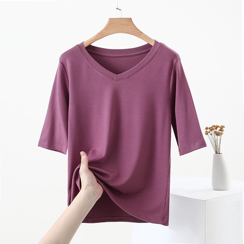 Women's V-Neck Mid-Sleeve Cotton T-Shirt - 2025 Spring/Summer Collection, Fitted Waist, Solid Color
