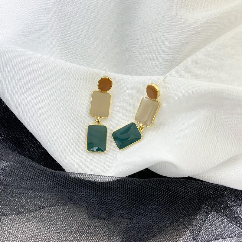 Contrasting Colors Square Dangle Earrings for Women Green Orange Enamel Oil Round Drop Earrings Party Sweet Jewelry Gift