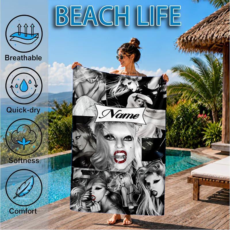 Custom Name Beach Towel Bold Fashion Lady-Gaga Microfiber Beach Towel, Lightweight for Summer Travel, Swimming Pool Fan Birthday Gift