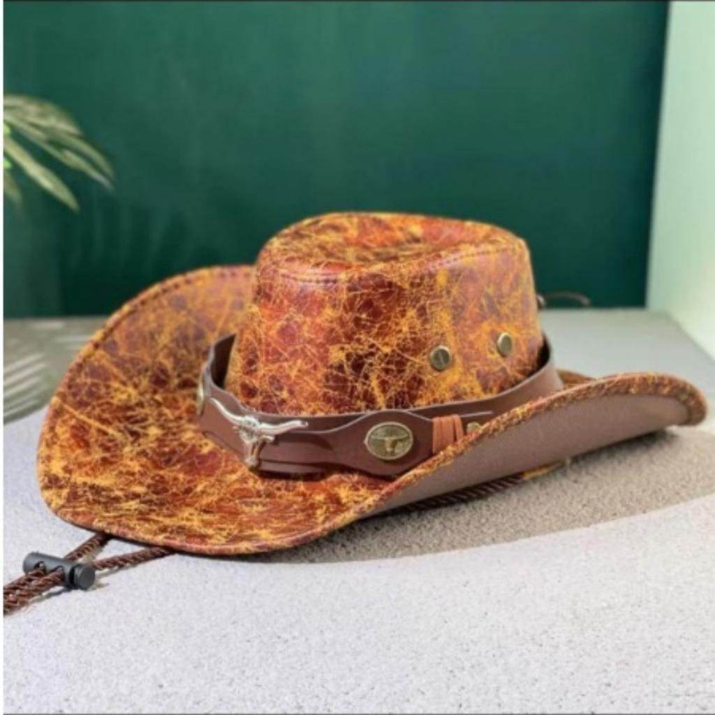 Klassischer Cowboyhut Vintage Rissiges PU-Leder Westliche Sonnenkappe Metall-Dekor Fedora Breiter Rand Herren Outrider Kopfbedeckung