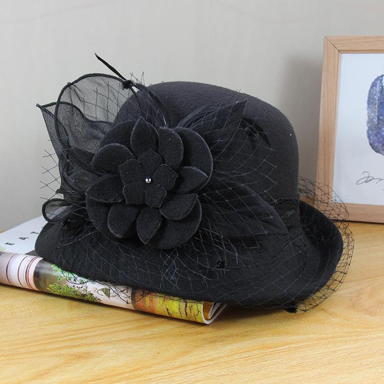 Woolen Hat Women'S Autumn And Winter British Retro Versatile Basin Hat Hepburn Mesh Flower Crimped Top Hat