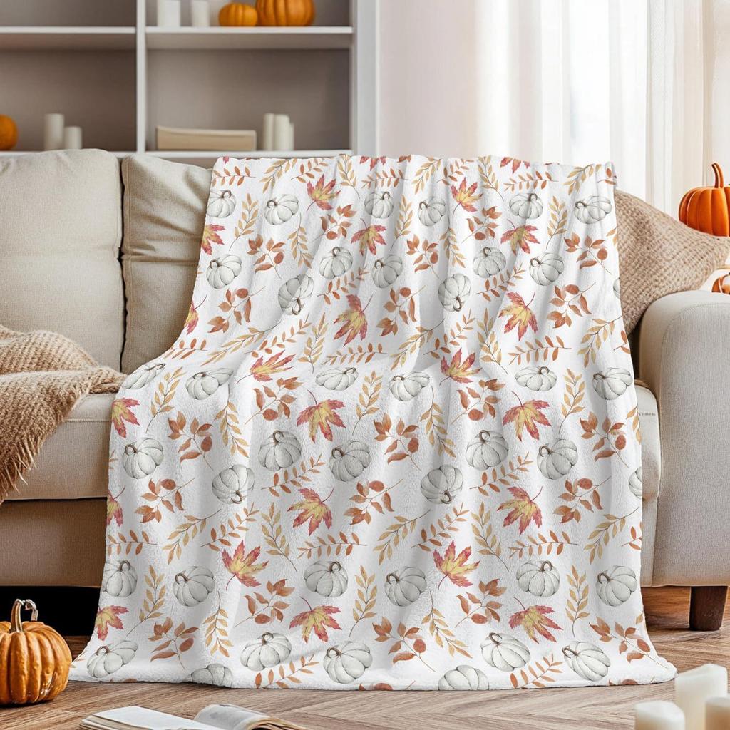 Thanksgiving Flannel Blanket - Maple Leaf & Pumpkin Design Throw for Sofa Decoration