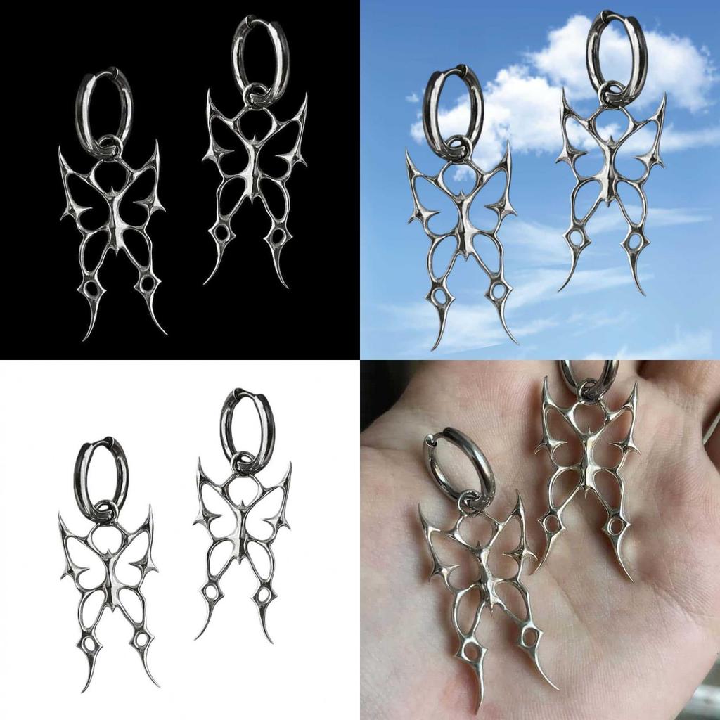 Gothic Punk Silver Thorns Butterfly Pendant Earrings With Skull Design For Men And Women