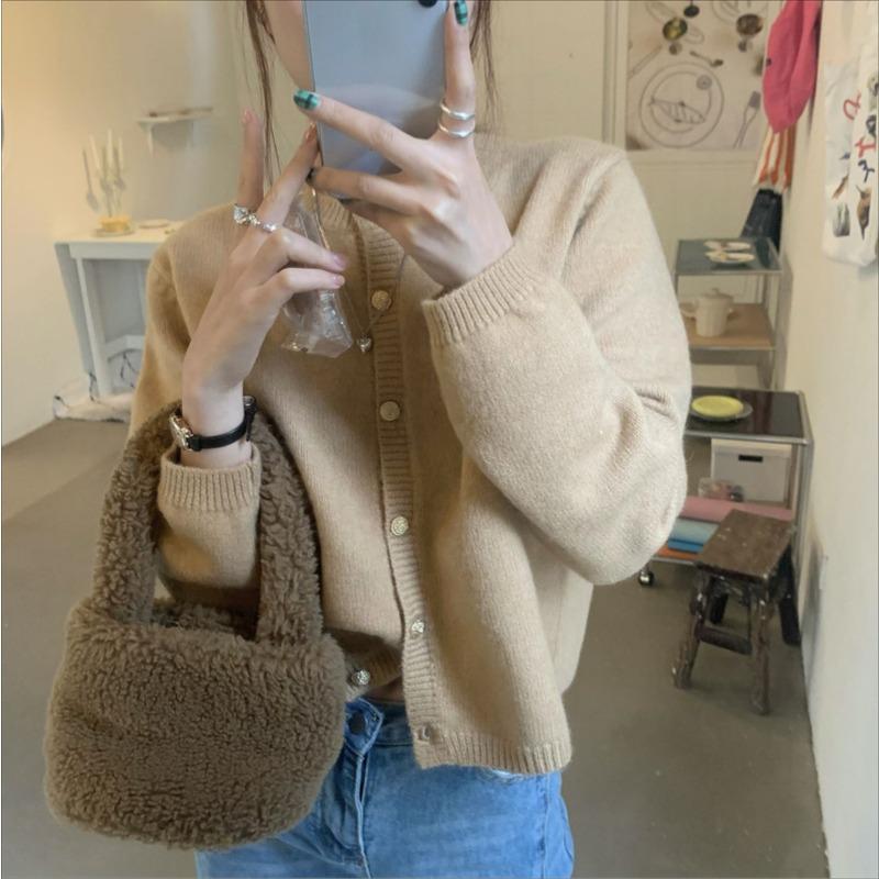 

Круглый вырез кардиган вязаный женский осень и зима ретро нежный ветер тонкий верхняя одежда свитер One Size света кофе