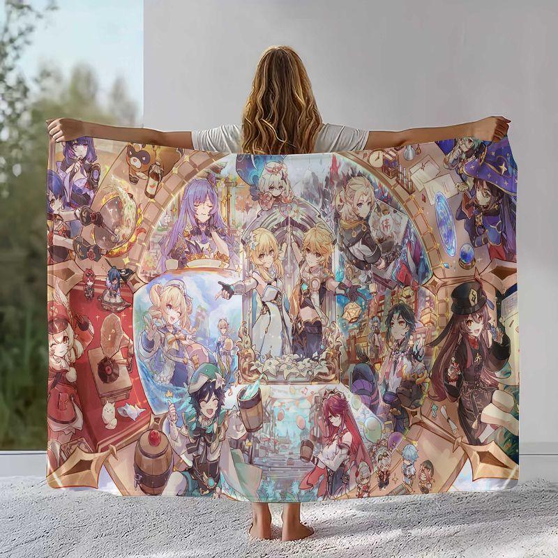Classic Game Genshin Impact Cartoon Flannel Blanket,Ultra Soft Warm Plush Throw for Home Bedroom Bed Sofa Cover Office Camping