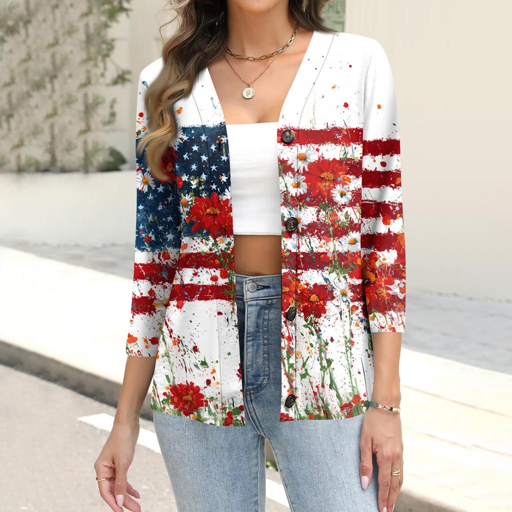 Women’s Fashion Casual Button Down Shirt 34 Sleeve Top with Independence Day Print and Relaxed Fit for Everyday Wear