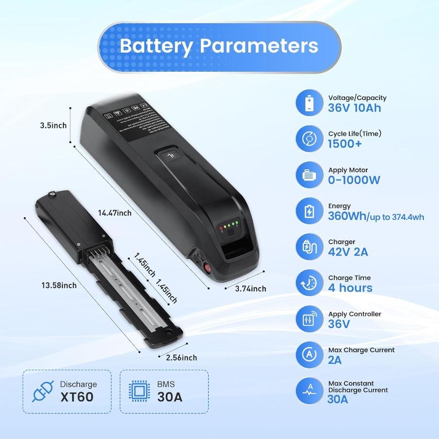 36V 10Ah Lithium Ebike Battery with Up to 374.4Wh Capacity 30A BMS for 1500+ Charge Cycles XT60 Discharge Plug Includes Charger