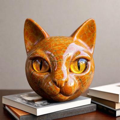 Yousheng Realistic Cat Head Sculpture Hand-Carved Cat Head Statue Figurine Home Office Desktop Decoration Ornament Cat Lovers Gift