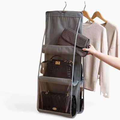 Hängender Handtaschen-Organizer mit 6 Taschen für den Kleiderschrank, grau, wasserdicht, Aufbewahrungstasche für Tür und Wand, durchsichtig, mit Kleiderbügel