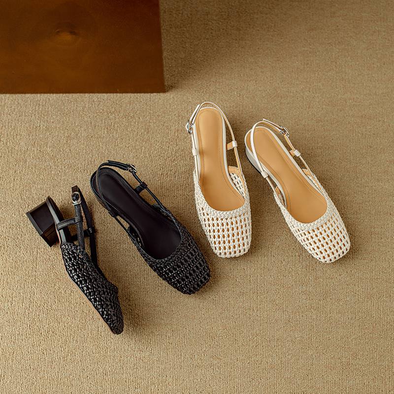 Krazing Pot Microfiber Weaving Summer Size 41 Med Heels Slingback Party Shoes Women Square Toe Gladiator Hollow Out Pumps